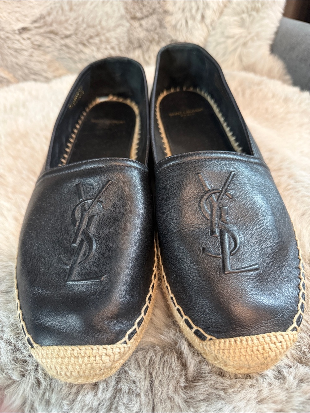 Saint Laurent Black Leather Espadrille Flats with Tan Jute Toe